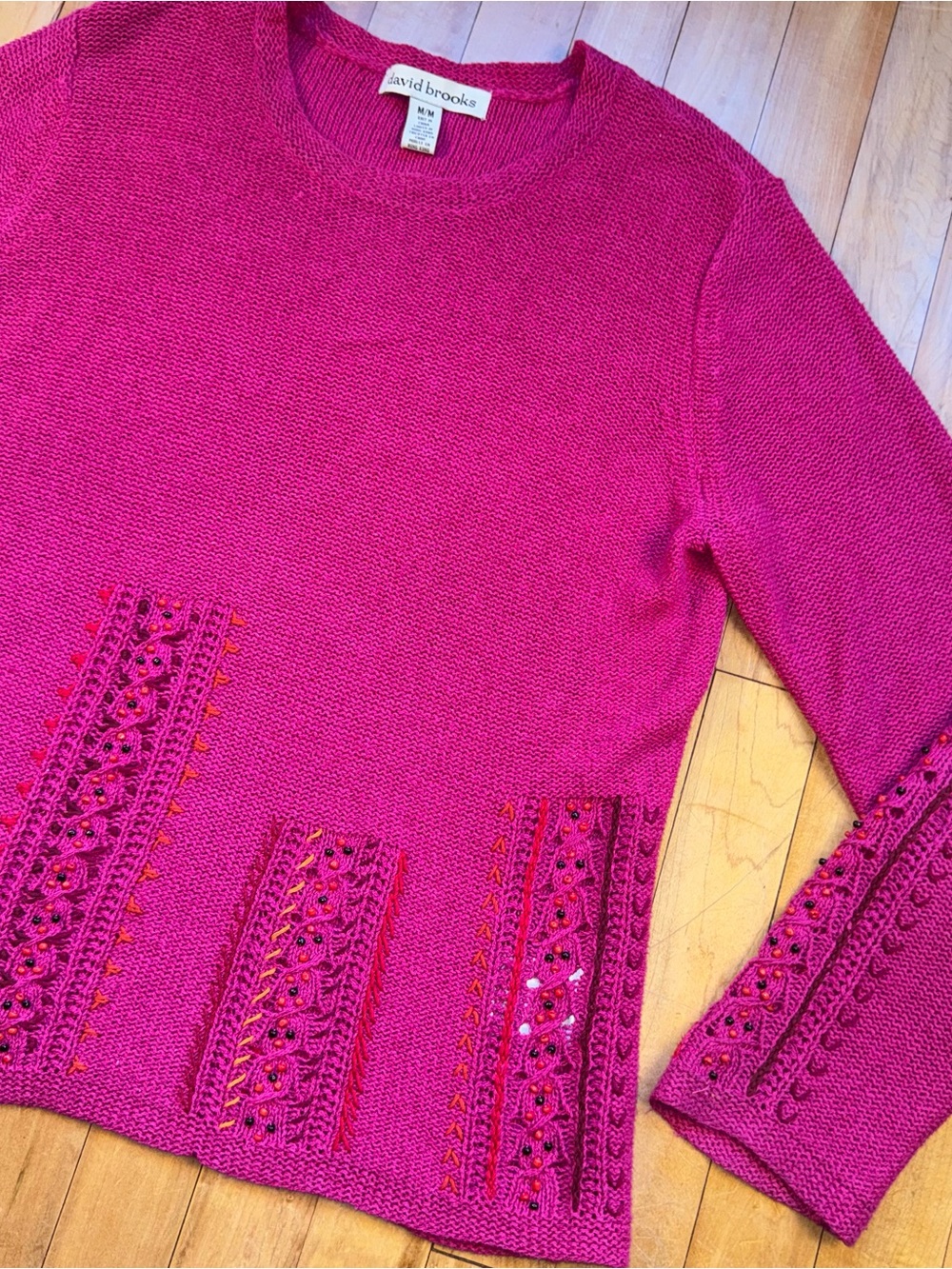 david brooks Hot Pink Embroidered Crewneck Sweater